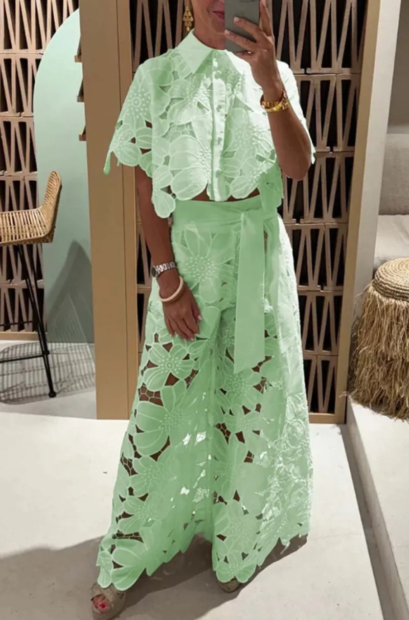 Elegant Women's Sets Sexy Lace Hollow Shirt Short Top + Wide-leg Pants