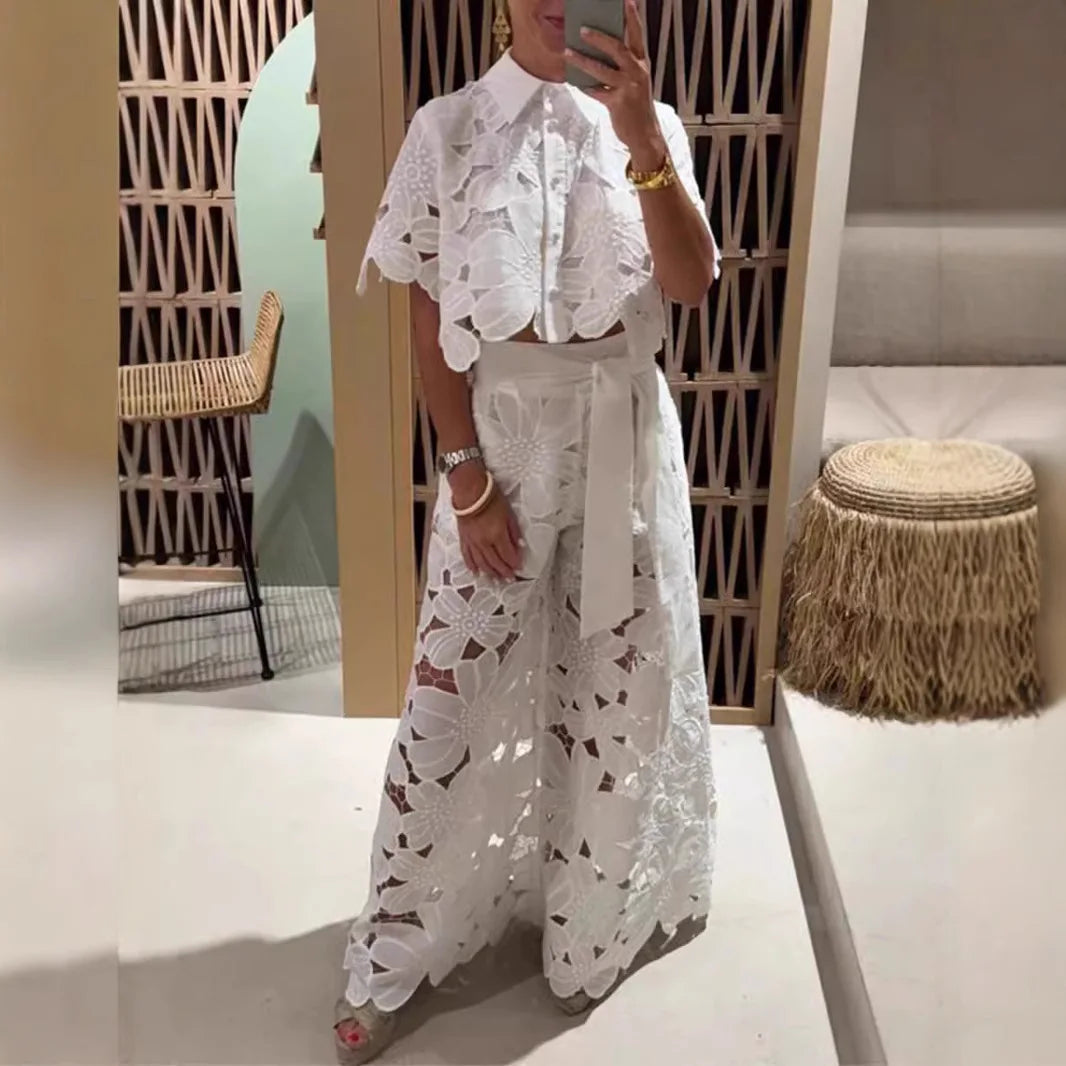 Elegant Women's Sets Sexy Lace Hollow Shirt Short Top + Wide-leg Pants