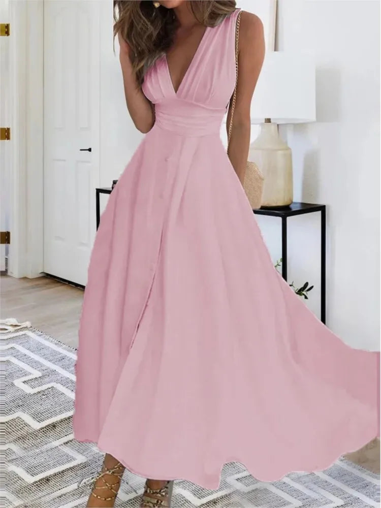 Women Sexy Deep V Neck Sleeveless High Waist Dress
