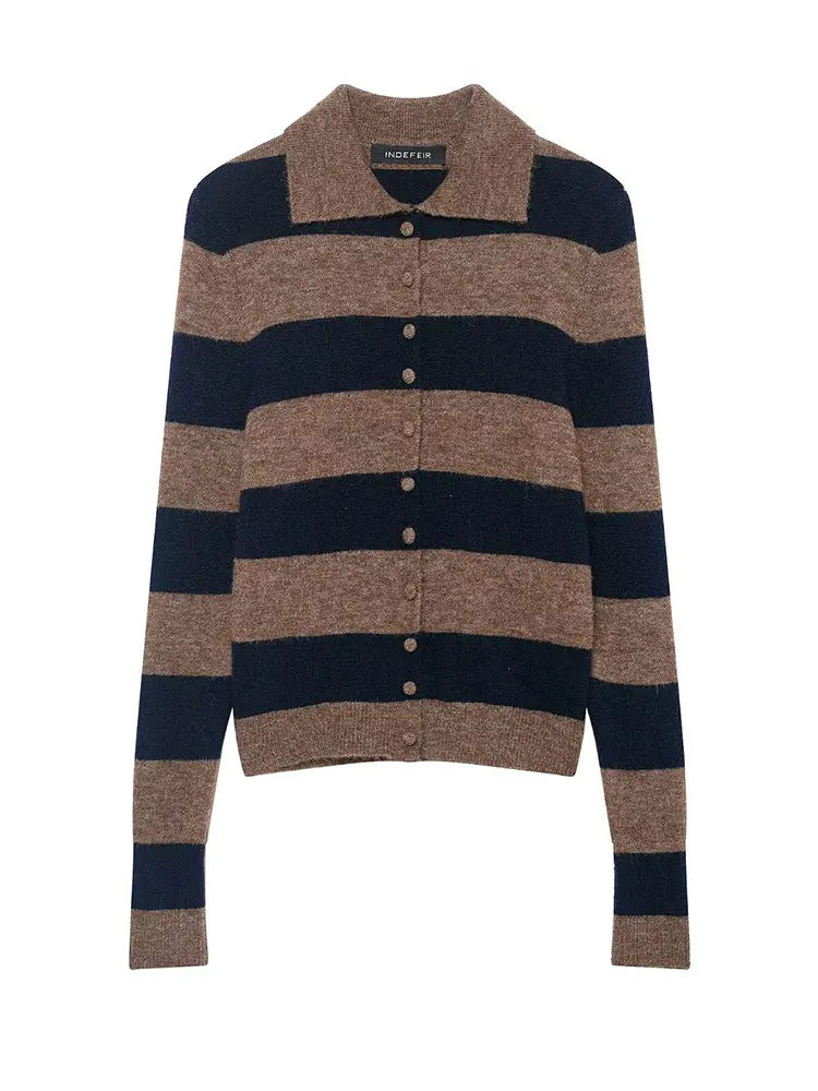 HH Sweater For Women Elegant Fashion Striped Knitted Cardigan Coat