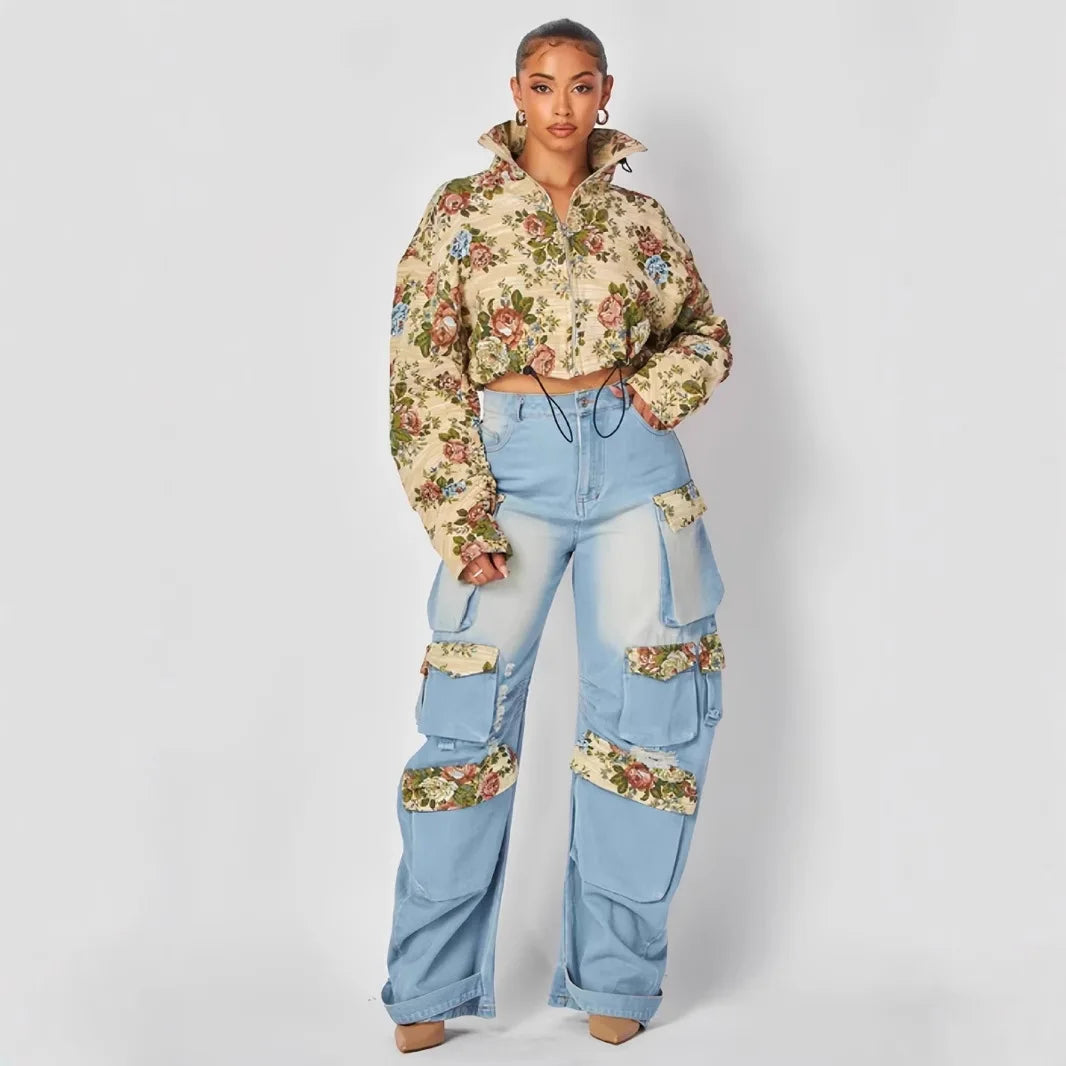 Women Pant Sets Print Matching Sets High Waist Straight Jeans Tracksuit