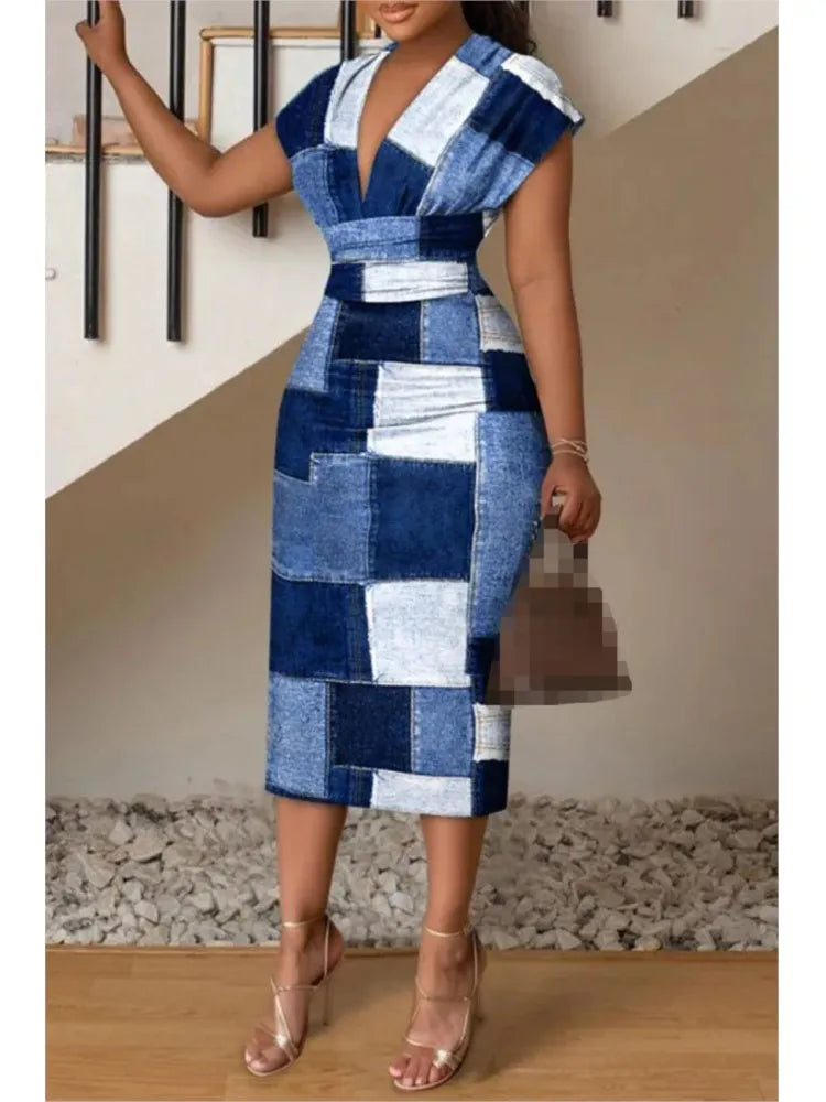 New V-neck Slim Hip-hugging Sexy Printed Women's Dress