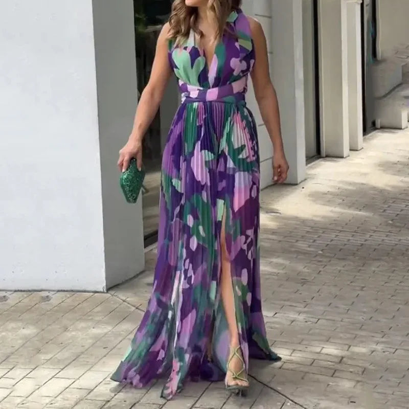 Women's Dress Sexy Deep V Neck Sleeveless Backless High Waist Split Long Dress