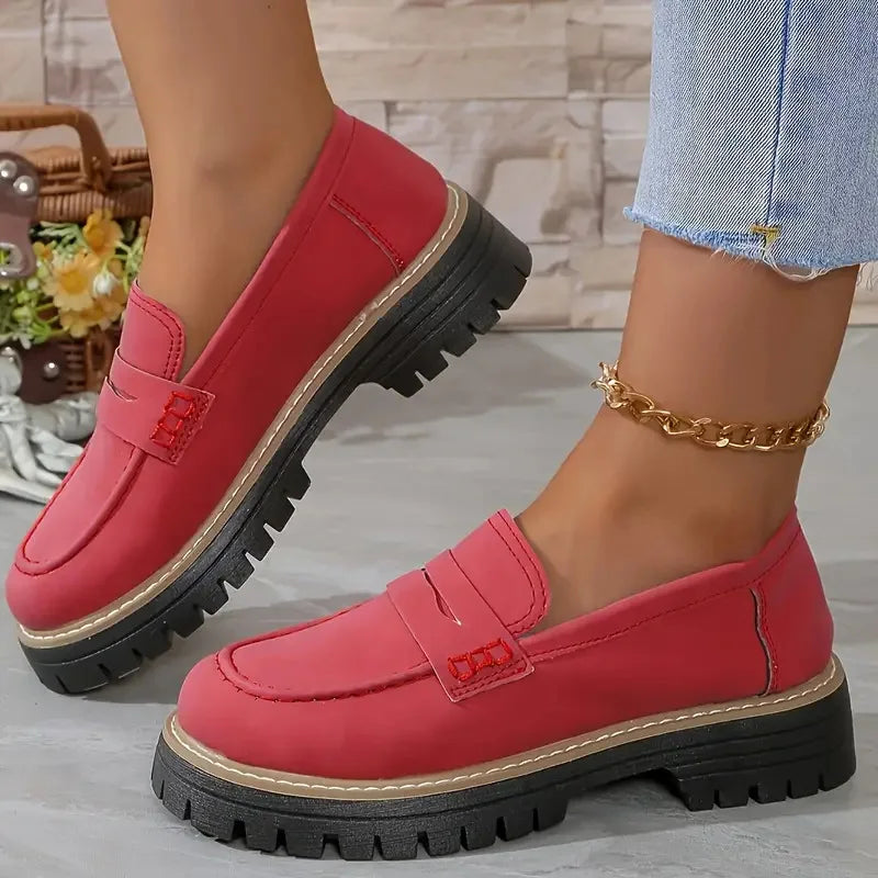Woman Loafers Ladies Large Size Frosted British Thick Heel Round Toe Rubber Outsole Korean Style Casual Shoes