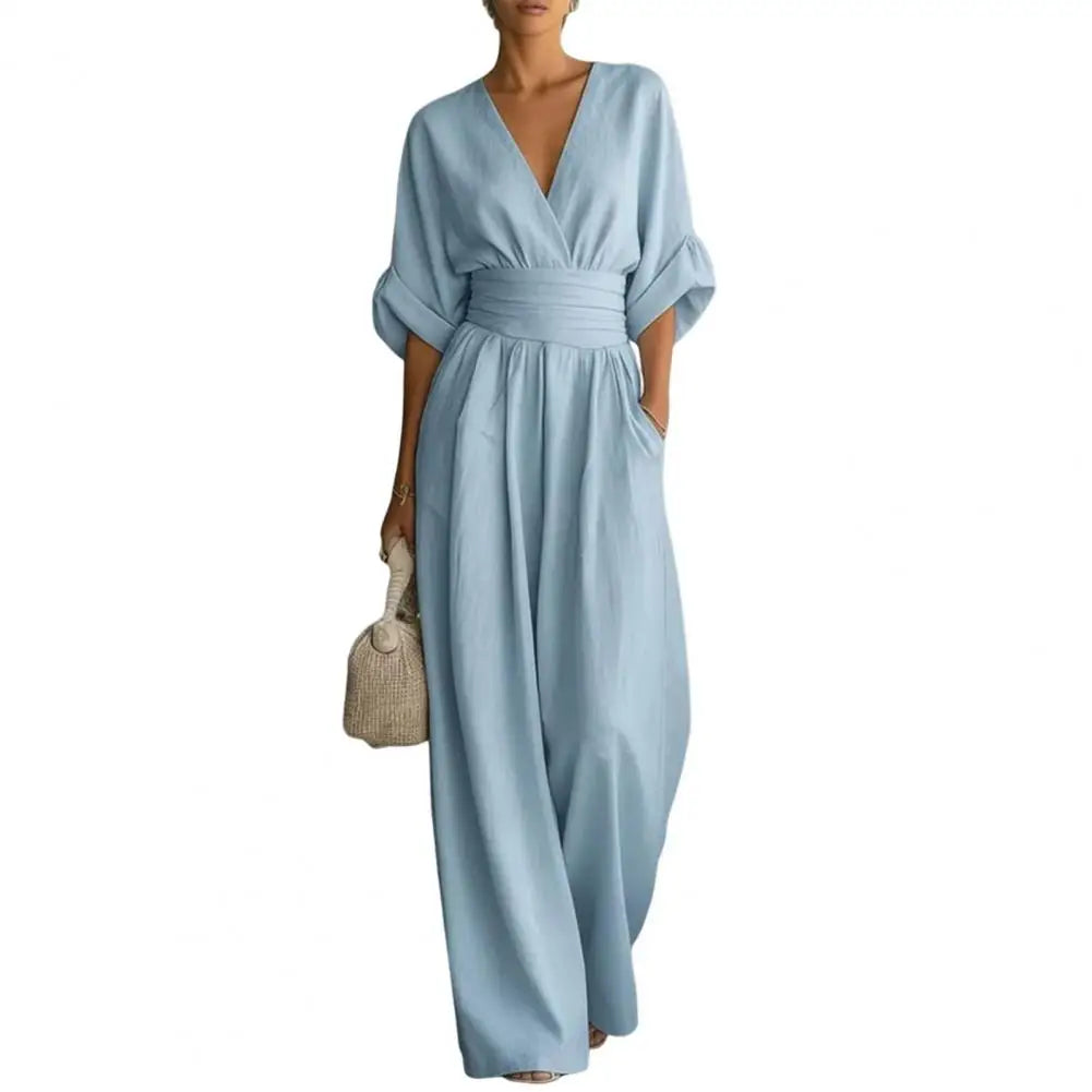 Women's Jumpsuit Fashion High Waist V-neck Casual  Wide Leg Trousers