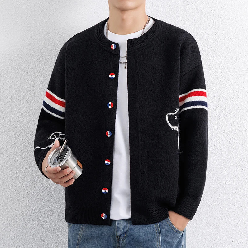 Knitted Cardigan Jacket for Men  Wide Pine Stand Collar Sweater