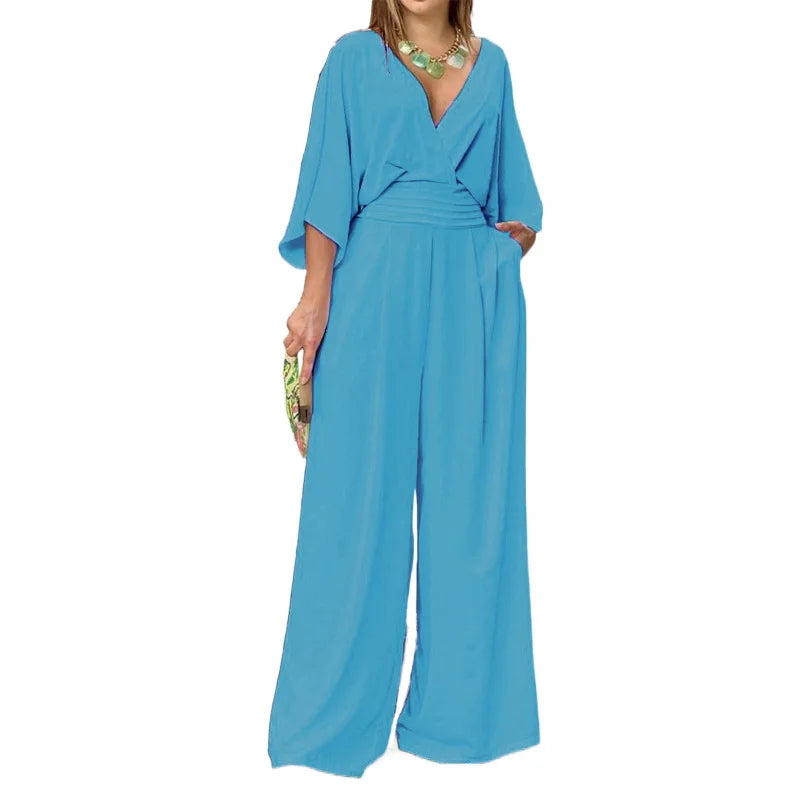 Women's  V-neck Short-sleeved Street Casual Jumpsuit Suit