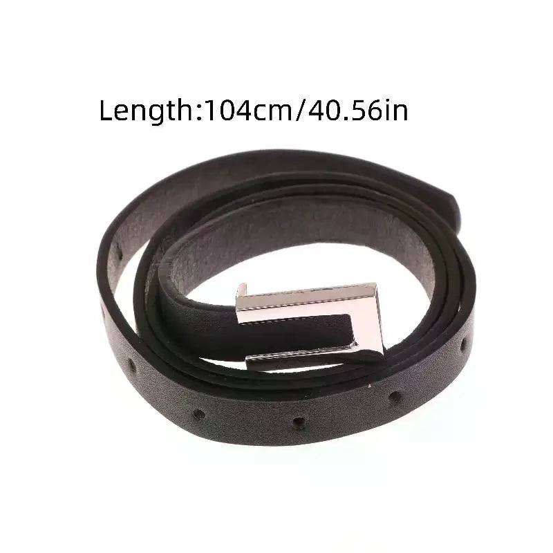 Women Thin Belt Black Gold Silver Metal Buckle Belt