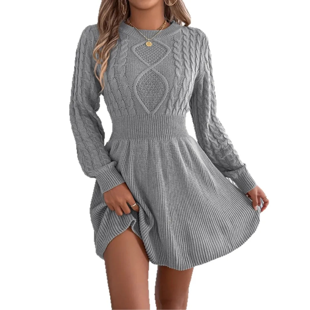 Solid Color Twisted Waist Lantern Sleeve Long Sleeve Wool Dress