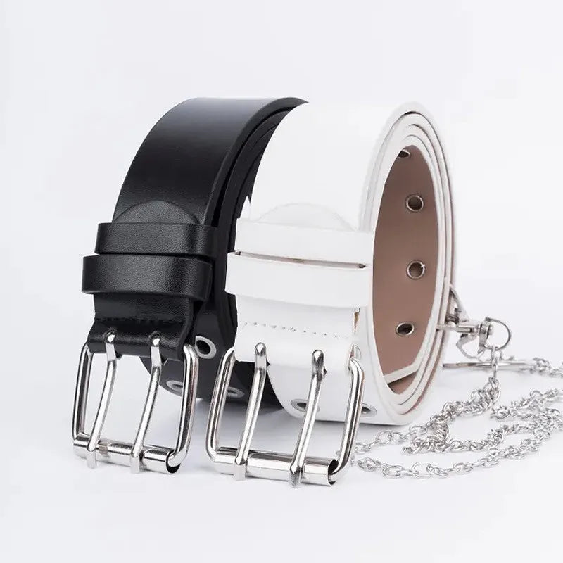 Women Trouser Belt Punk Cool Metal Buckle Adjustable Eyelet Leather Fashion