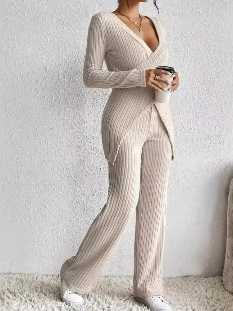Women's Casual Solid  Long Sleeve V Neck Slim Tops+High Waist Pants 2 Pieces Set