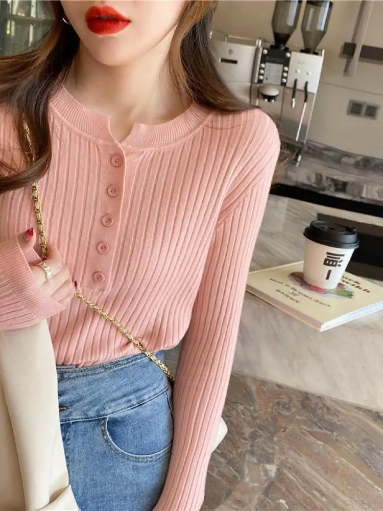 Knitted Women Sweater O-neck Button Pullovers Spring