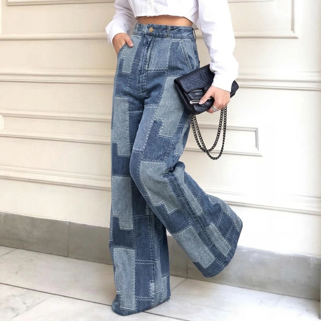 Wide Leg Jeans Two-Tone Blue Patchwork Plaid High Waist Floor-Length Jeans