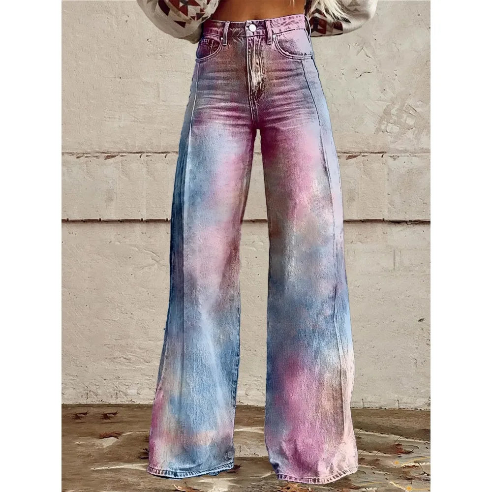 High Waisted Wide Leg Pants Artistic Ink Wash