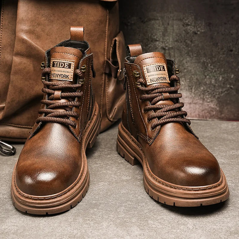 Men's Outdoor Non-slip All-match Casual Short Boots  High Top Retro Waterproof Leather Boots