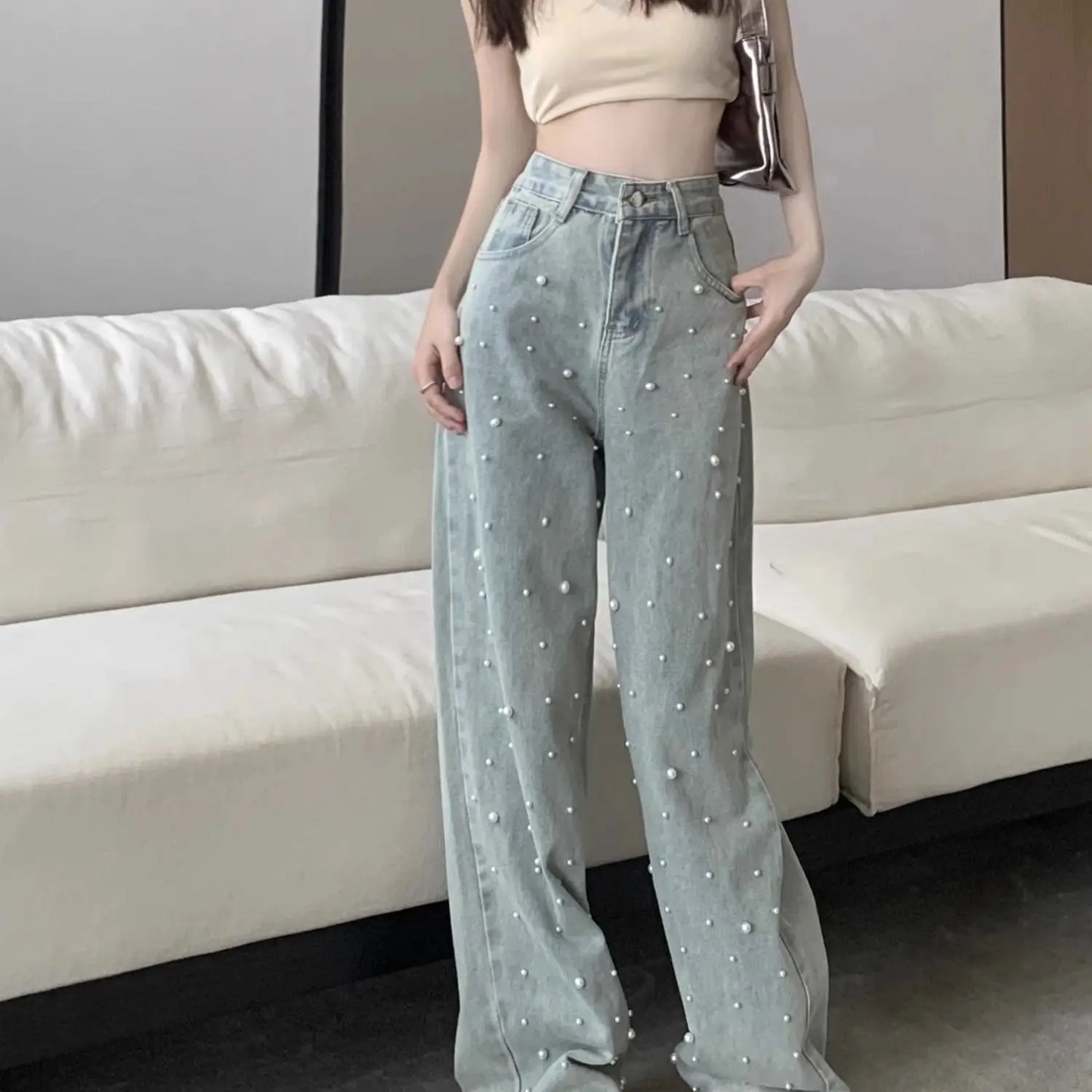 Women's Jeans High Waist Straight Blue Beaded Pearls Denim Pants