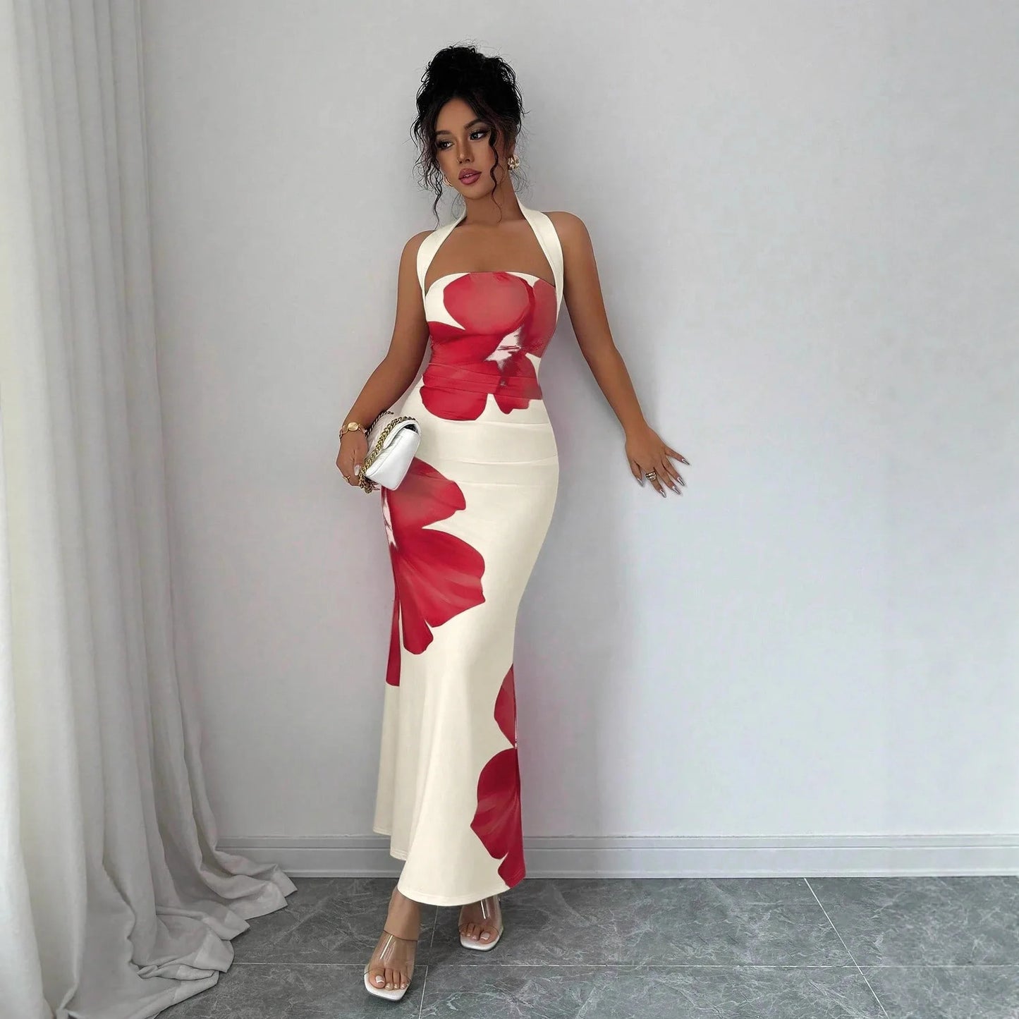 Plunging Neckline Back Opening Printed Pattern Woman Clothes