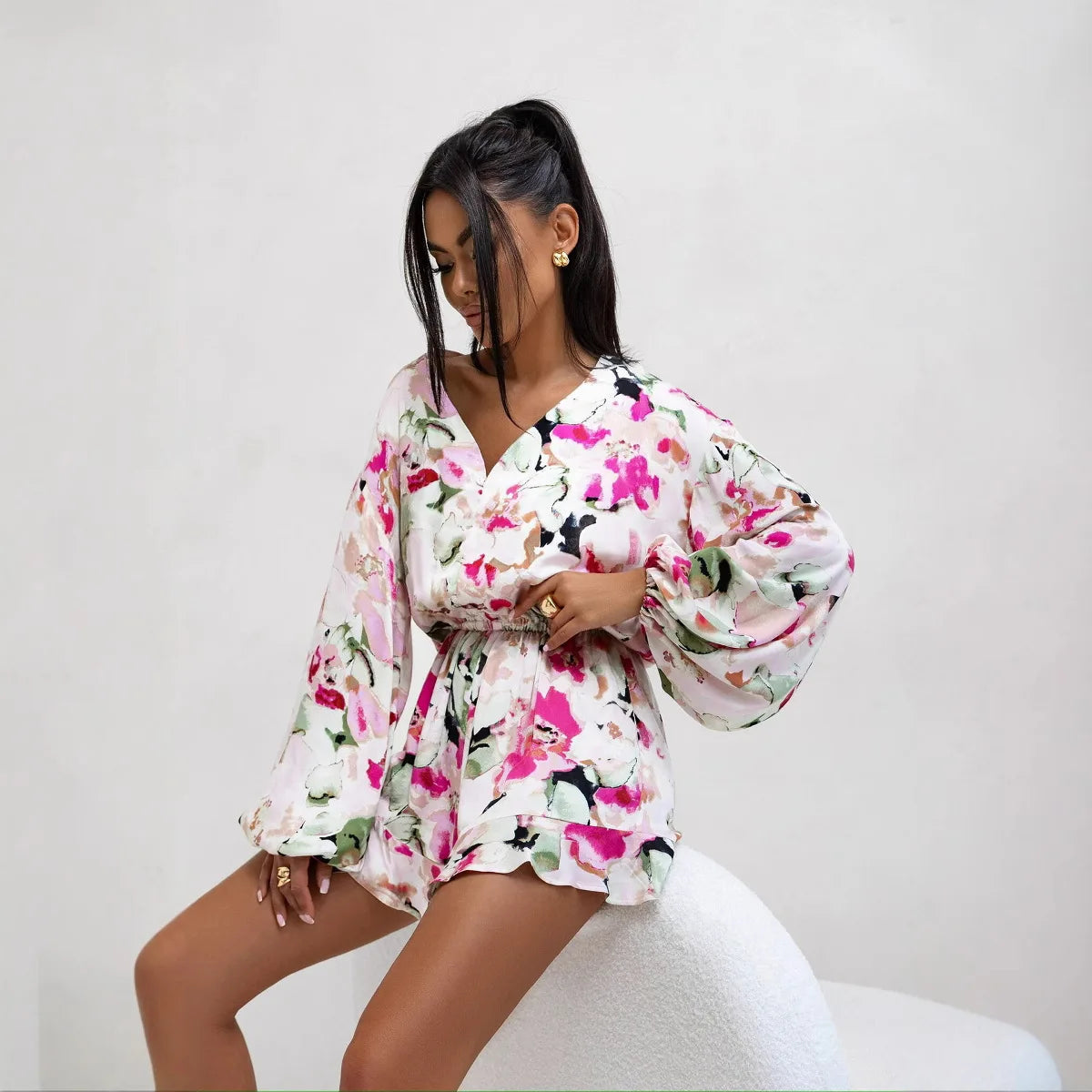 Women's Jumpsuit Colourful Printed V-Neck Long-Sleeved Jumpsuit