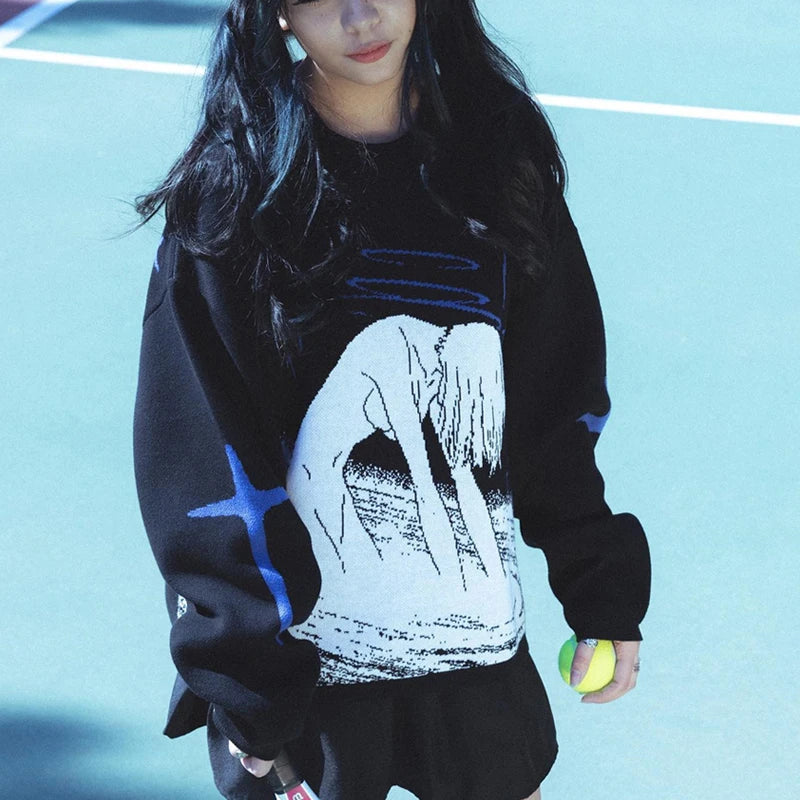 Women's Knitting Cute Anime Print Pattern O Neck Pullover