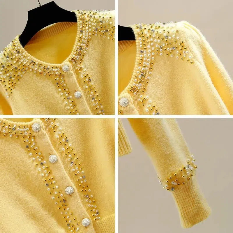 New O-Neck Knitted Sweater Close-Fitting Beading Pullover