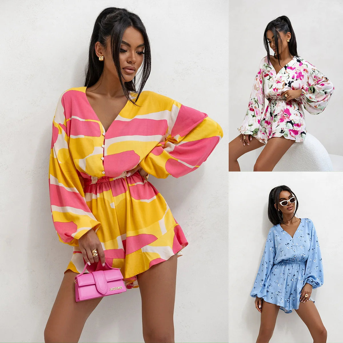 Women's Jumpsuit Colourful Printed V-Neck Long-Sleeved Jumpsuit