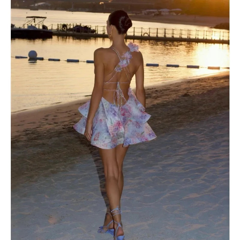Elegant Printed Backless Strappy Short Skirt Women's Dress