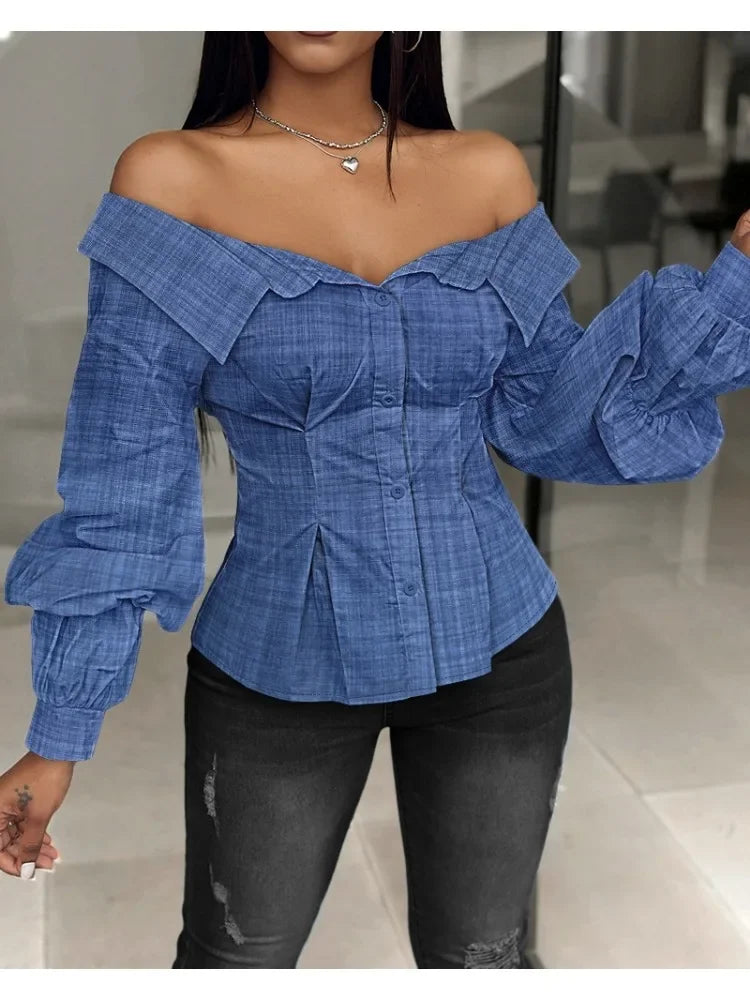 Elegant White Shirts for Women Lantern Sleeve Off Shoulder Top