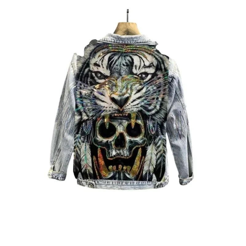 Men's Cyberpunk Denim Jacket Vintage Washed Tiger Skull Bone