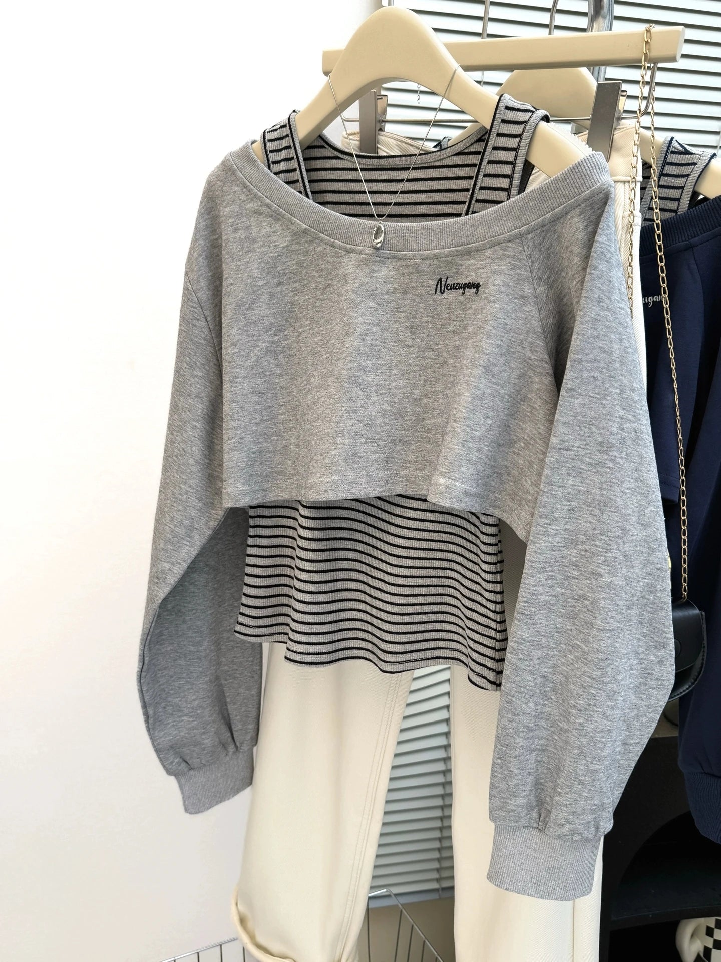 Womens Striped Sweatshirt Floral Gray Sloping Shoulder