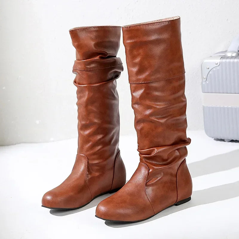 Women Leather Boots Fashion Pleated Wedge Long Boots Round Toe