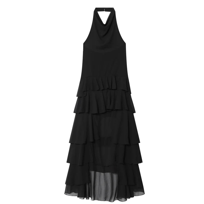 Pleated  Backless Corset Sleeveless Asymmetrical Layered Ruffled Tulle Halter Dress