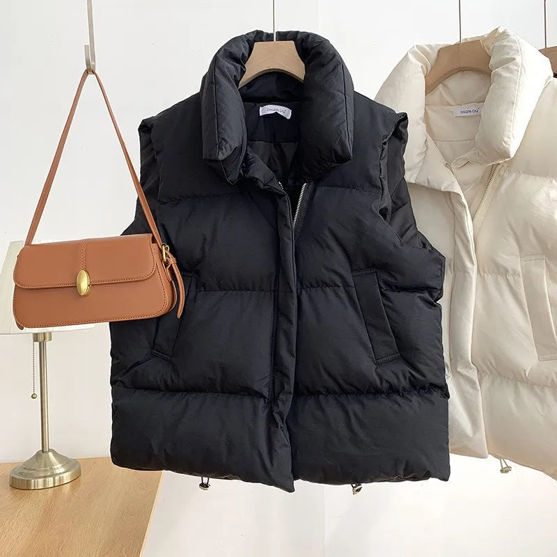 Stand Collar Elegant Down Coats Warm Outerwear Casual Belt Sleeveless Jackets