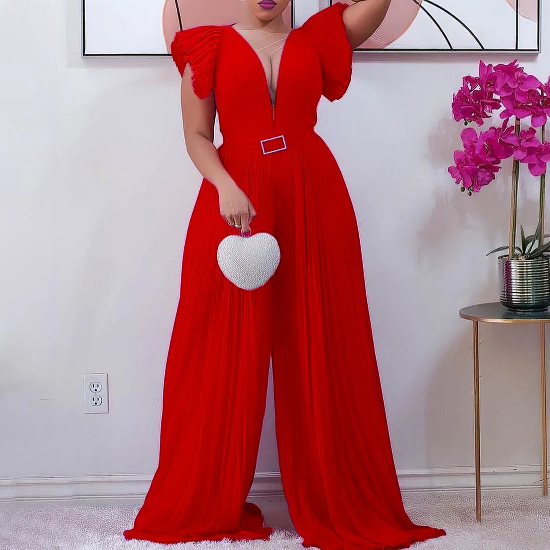 Pleated V neck Jumpsuit for ladies