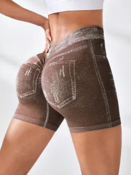 Women V back Shorts Faux Jeans Elastic Workout Pants Butt Lifting