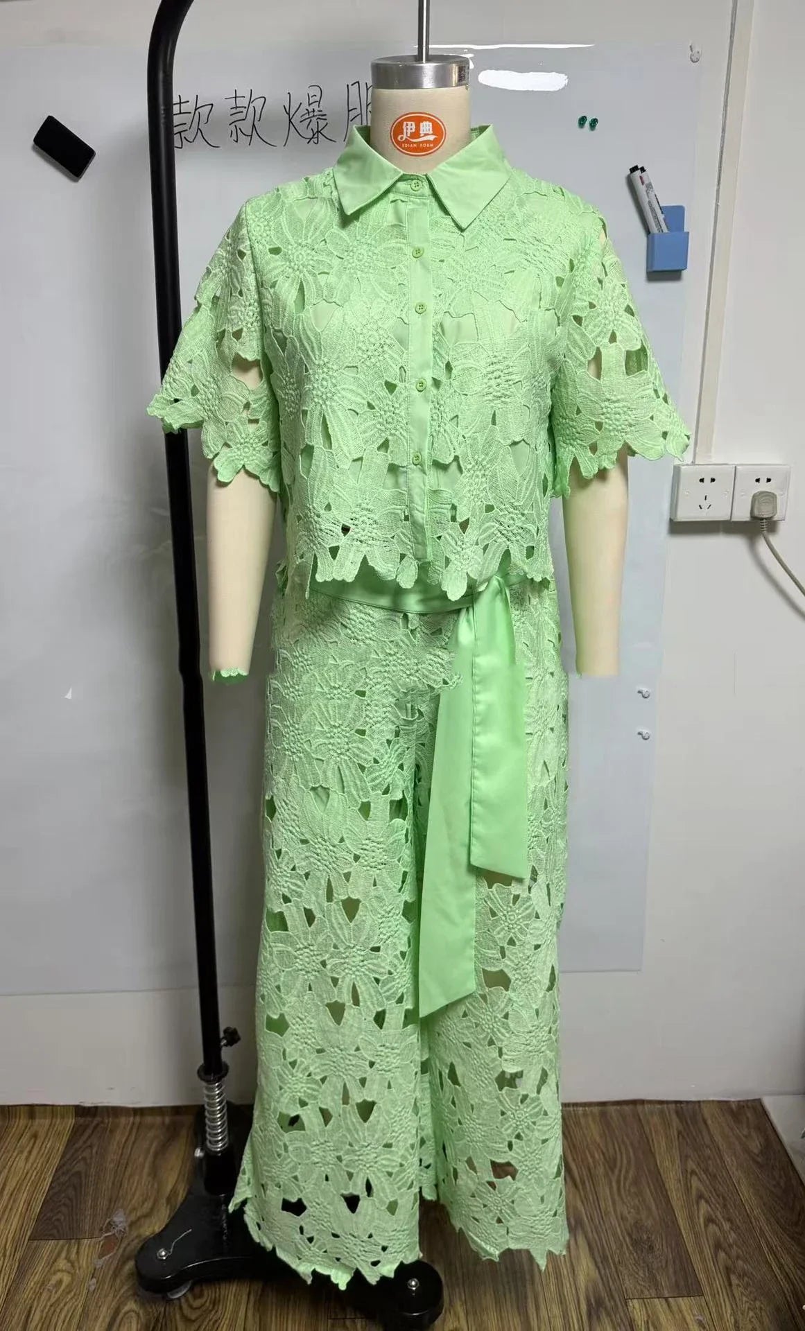 Elegant Women's Sets Sexy Lace Hollow Shirt Short Top + Wide-leg Pants
