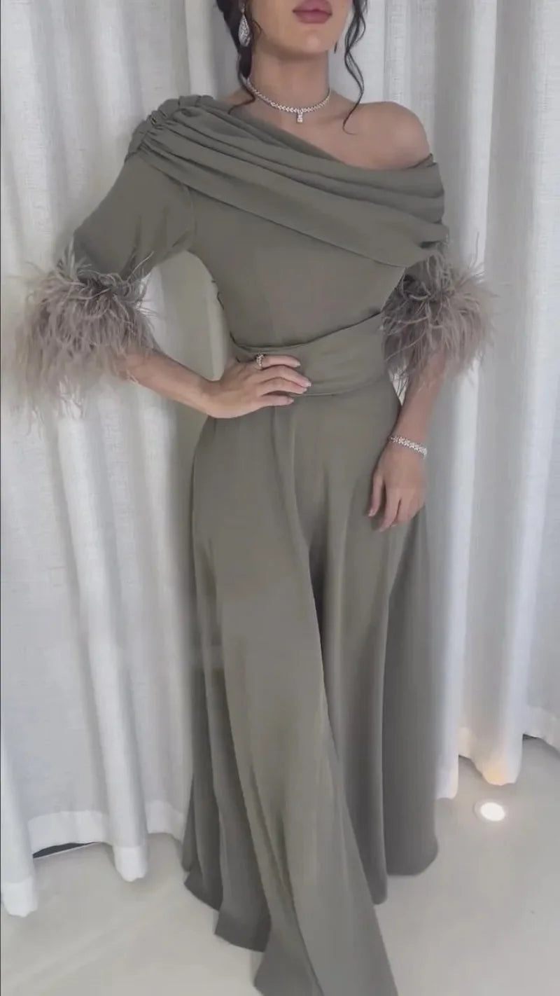 Women Sexy Jumpsuits Feather-panelled  Wide-leg Pants Banquet Long Rompers