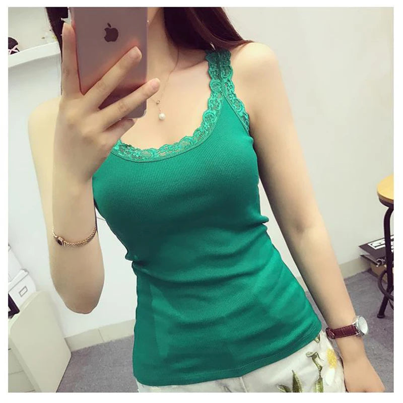 Tank Tops Women Summer O-neck Lace Suspender Camisole