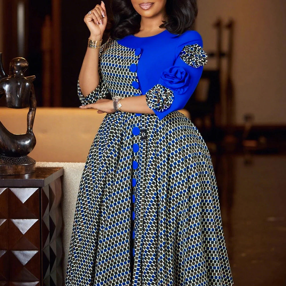 African 3/4 Sleeve Party Birthday New Robe Chic Flower Plaid Evening Dress