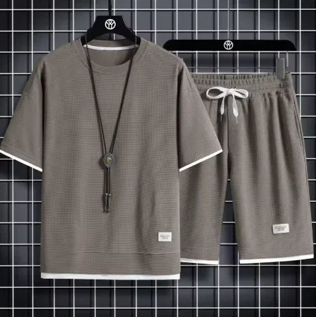 Men's Summer Waffle Set Brand Fashion Casual T-shirt