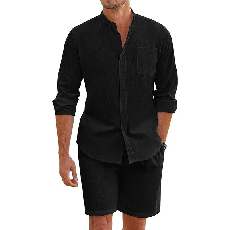 Summer Men's Casual Sets Breathable Cotton Linen Vintage Stand