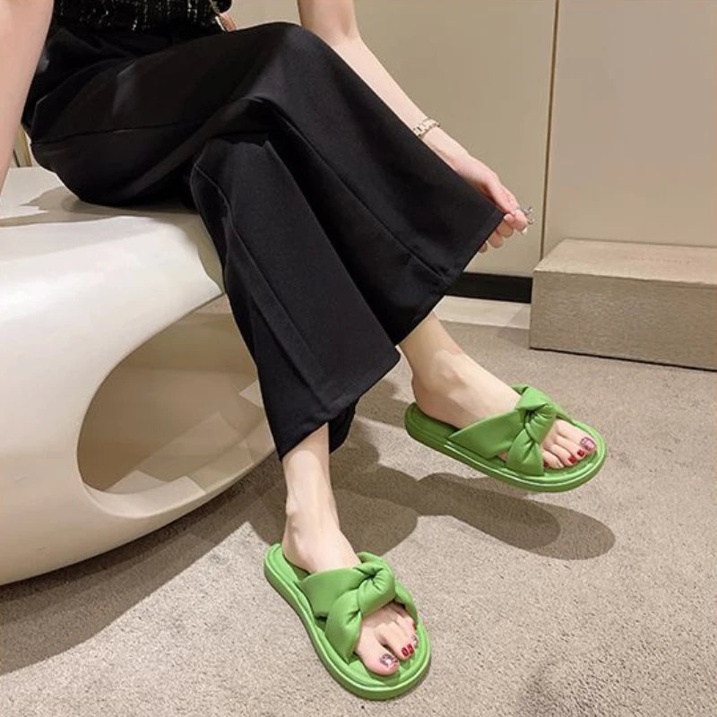 Woman Slippers Home Shoes  Beige Sandals with Bow Soft platform slides
