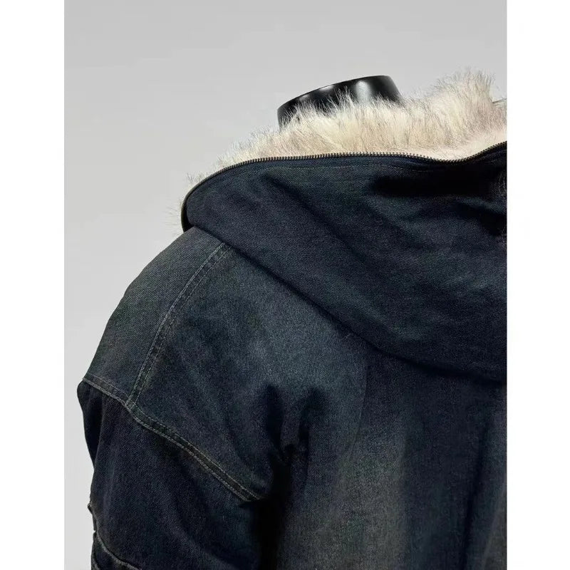 Mens Jacket Harajuku Hooded Denim Cotton