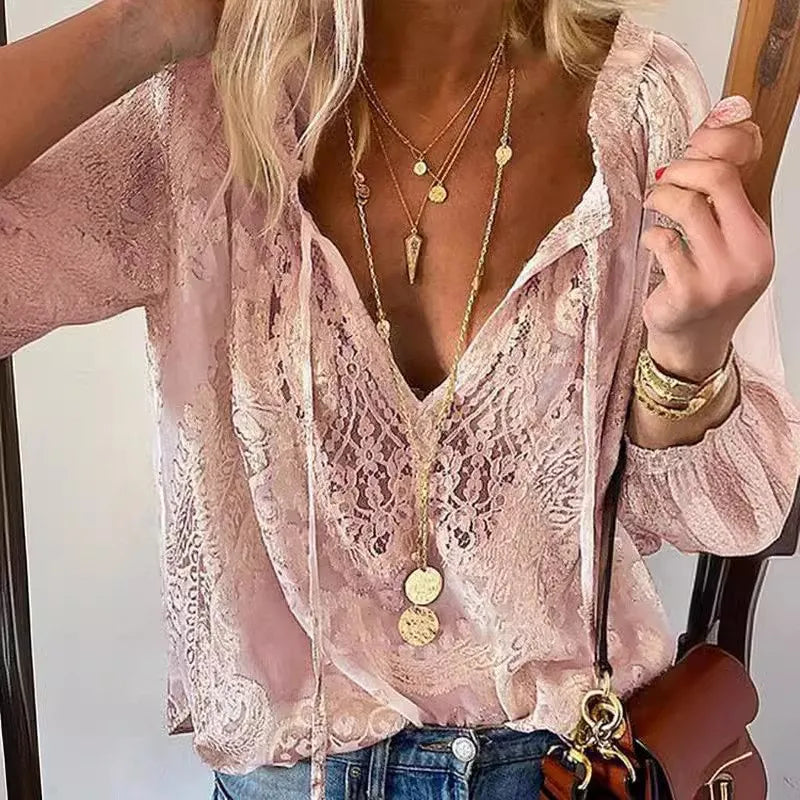 Women's Blouses Boho Lace Hollow Out Deep V Neck Pullover Shirt