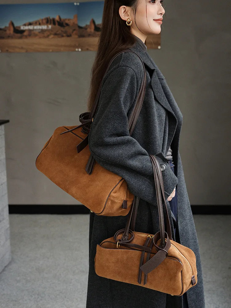 Women's Bowling Tote Bag Suede Leather Handbag Top Grain Leather Single Shoulder Underarm Bag