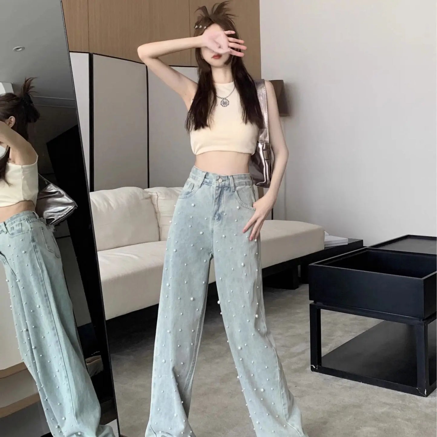 Women's Jeans High Waist Straight Blue Beaded Pearls Denim Pants