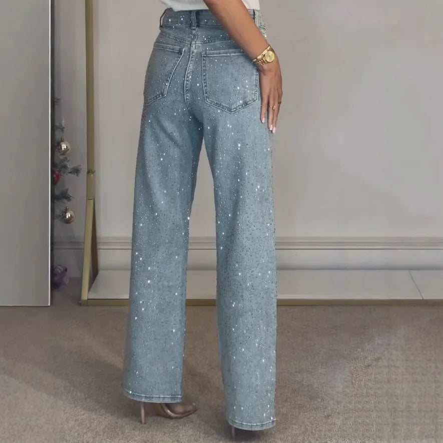 Straight Jeans for Women Diamonds Pants Stretch