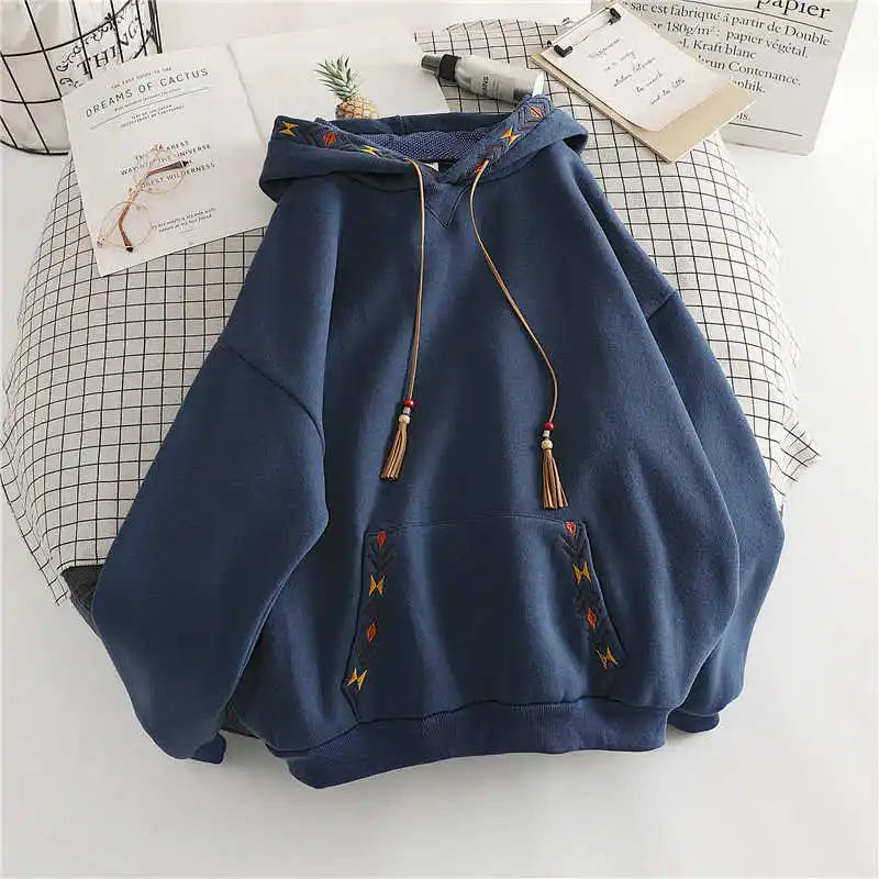 Women's Hoodie Drawstring Tassel Exquisite Embroidery Large Pocket Thick Pullover