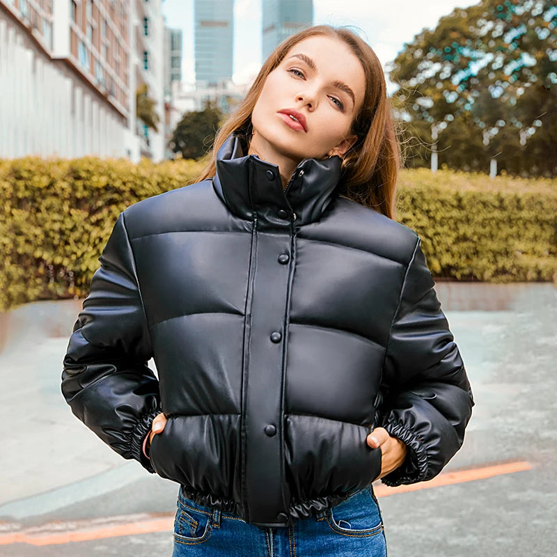 Women Black PU Leather Parkas Elegant Zipper Coat Cotton Padded Punk Outwear
