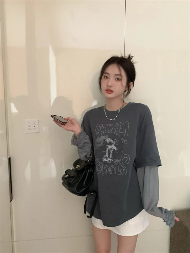 Print Grey Graphic Loose Women's T Shirts