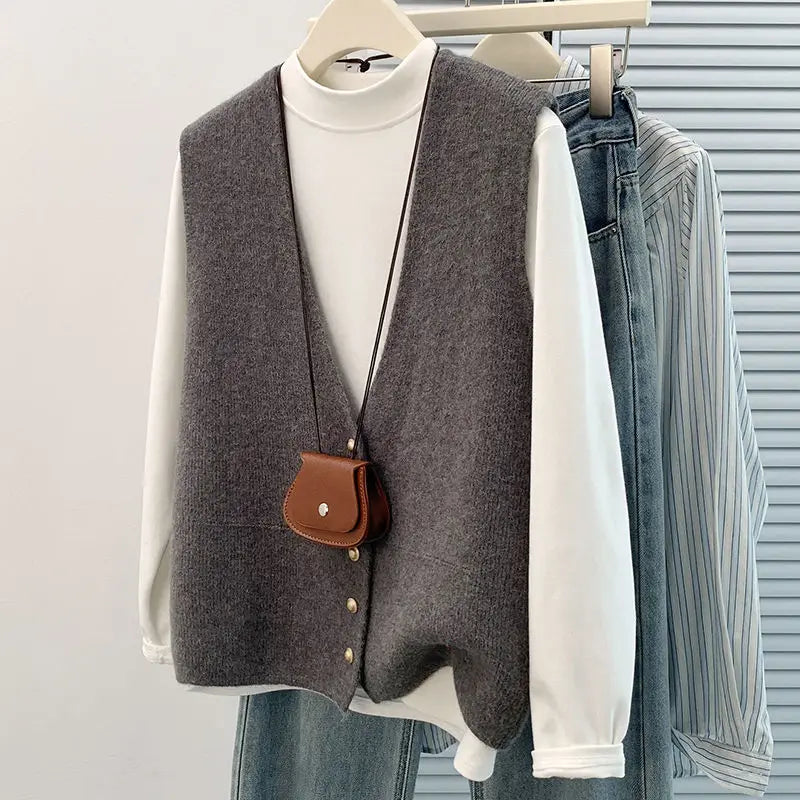Women's Soft Knitted Vest Button deep V-Neck Sleeveless Fall Cardigan